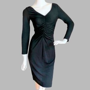 ST. JOHN V-Neck Ruched Classic Little Black Dress Holiday Party Long Sleeve